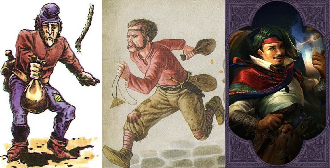 The Thief character art in 2nd, 4th, and 5th editions, an example of the slow degeneration from hand-drawn art with personality to soulless digital slop.